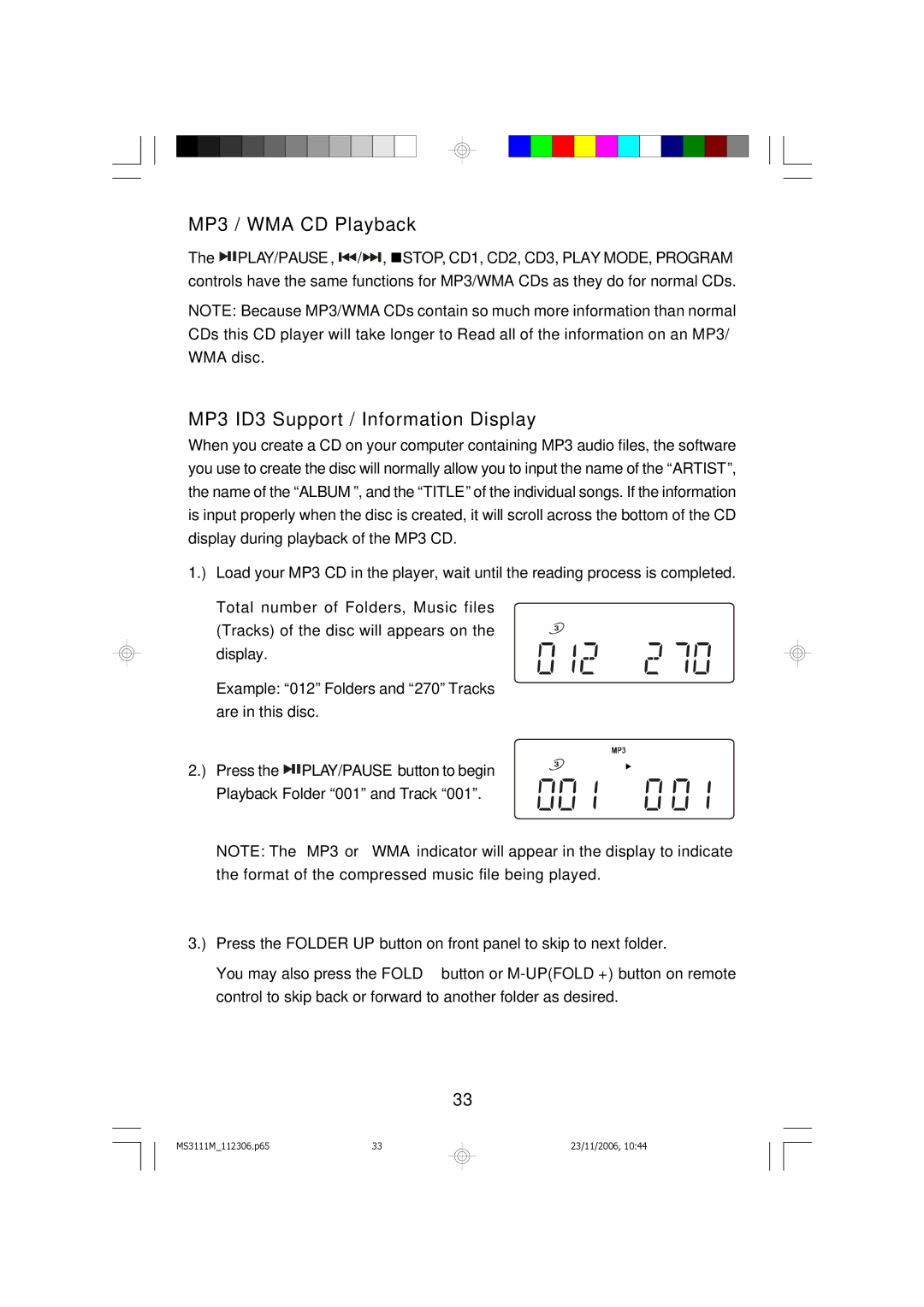 Emerson MS3111M owner manual MP3 / WMA CD Playback, MP3 ID3 Support / Information Display 