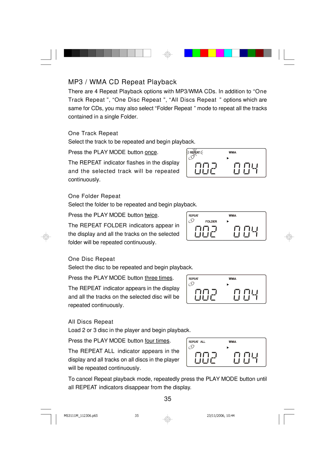 Emerson MS3111M owner manual MP3 / WMA CD Repeat Playback, One Folder Repeat 