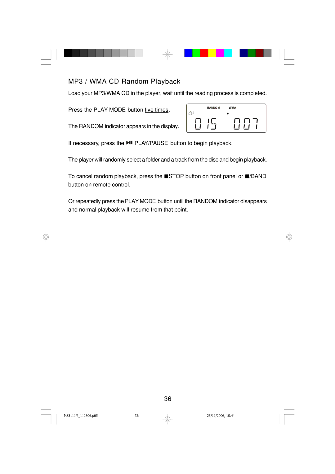 Emerson MS3111M owner manual MP3 / WMA CD Random Playback 