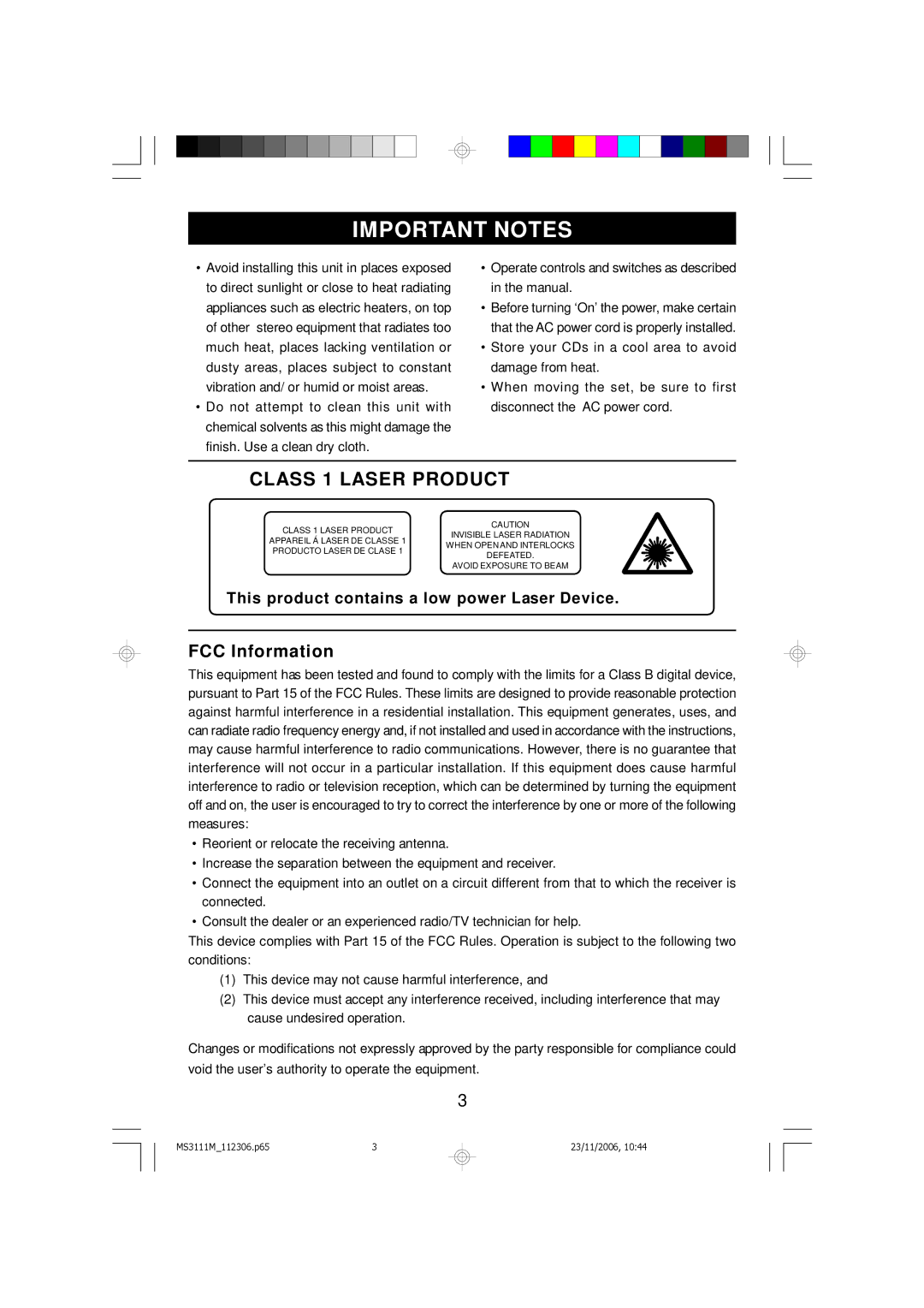 Emerson MS3111M owner manual Important Notes 