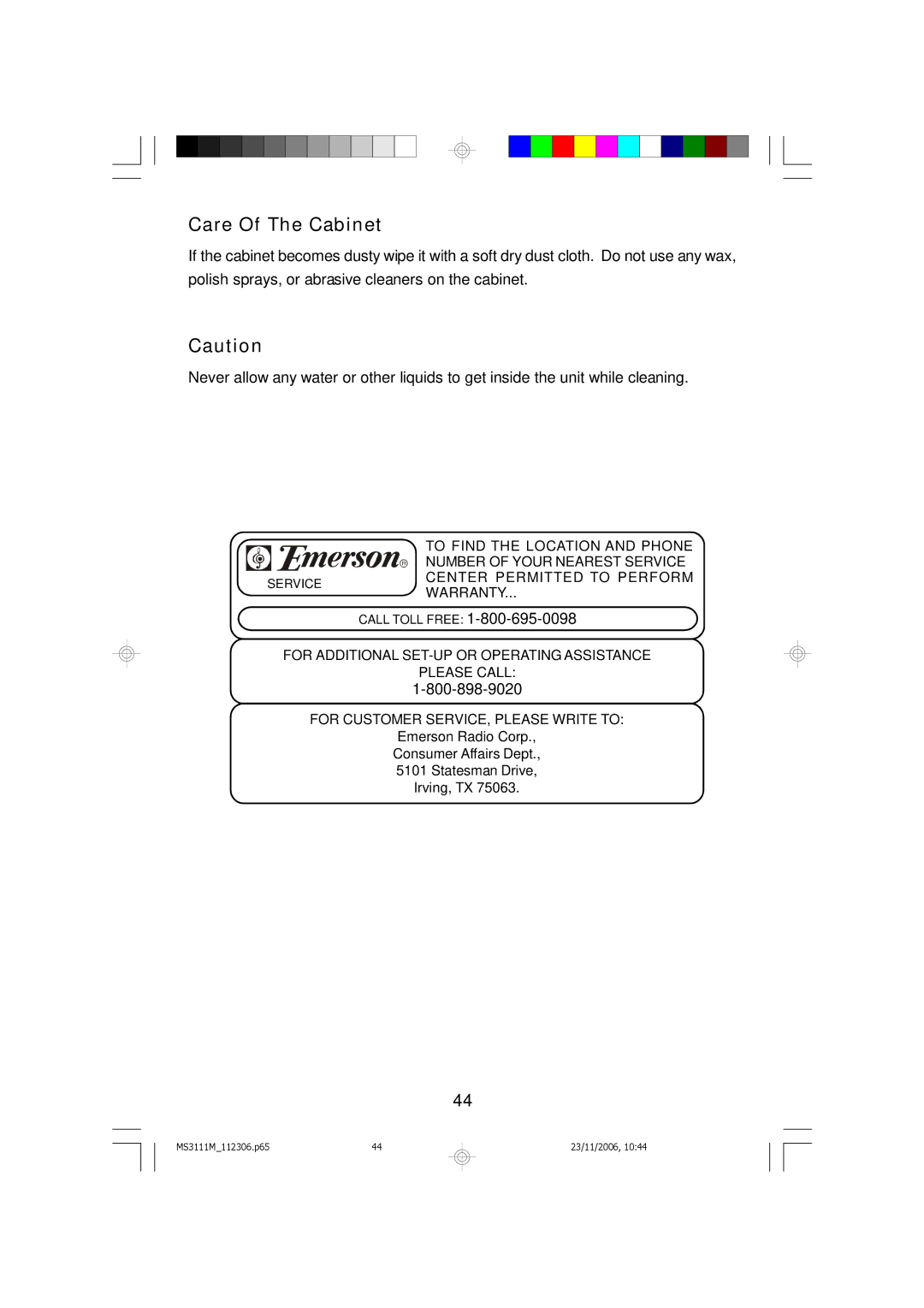 Emerson MS3111M owner manual Care Of The Cabinet 