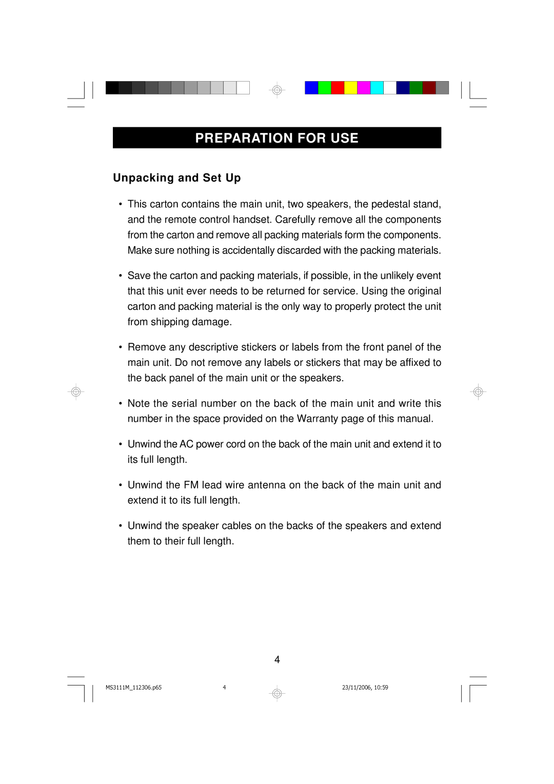 Emerson MS3111M owner manual Preparation for USE, Unpacking and Set Up 