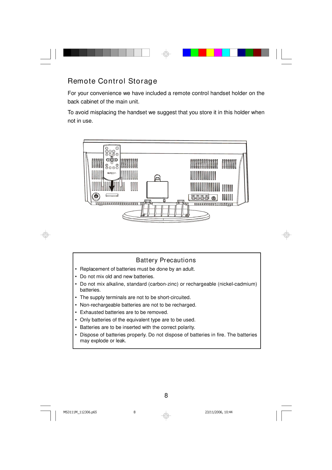 Emerson MS3111M owner manual Remote Control Storage, Battery Precautions 