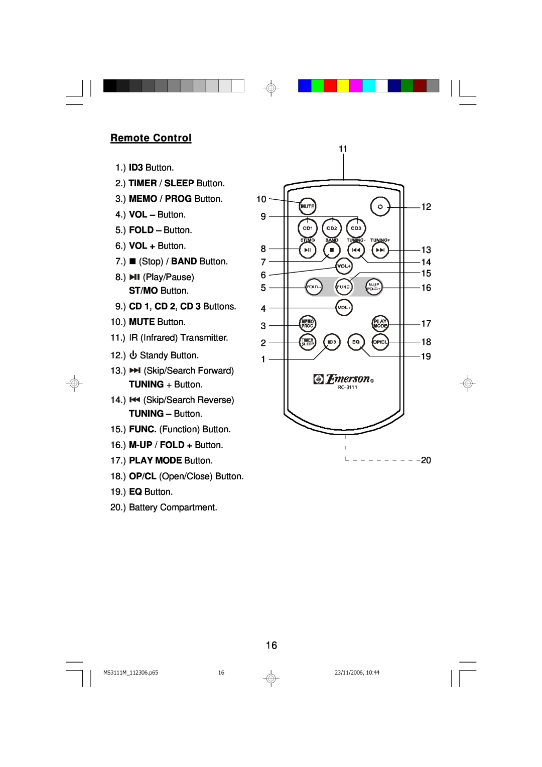 Emerson MS3111M owner manual Remote Control, MEMO / PROG Button, TUNING - Button 