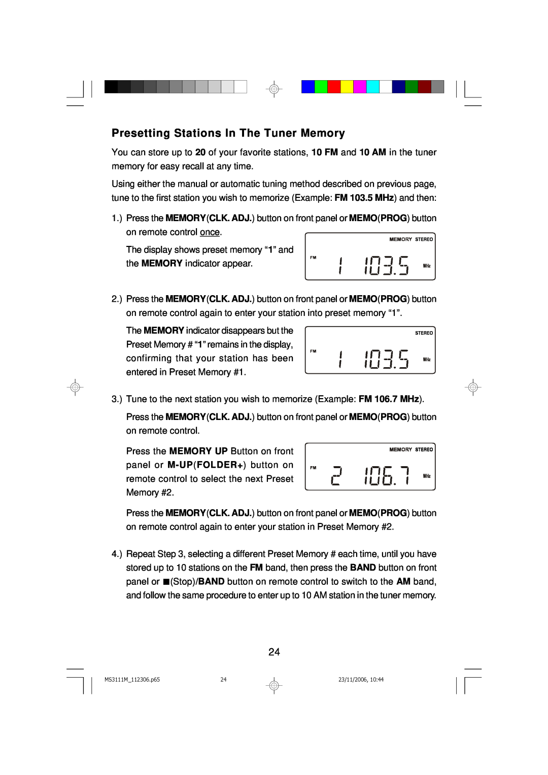 Emerson owner manual Presetting Stations In The Tuner Memory, MS3111M 112306.p65, 23/11/2006 
