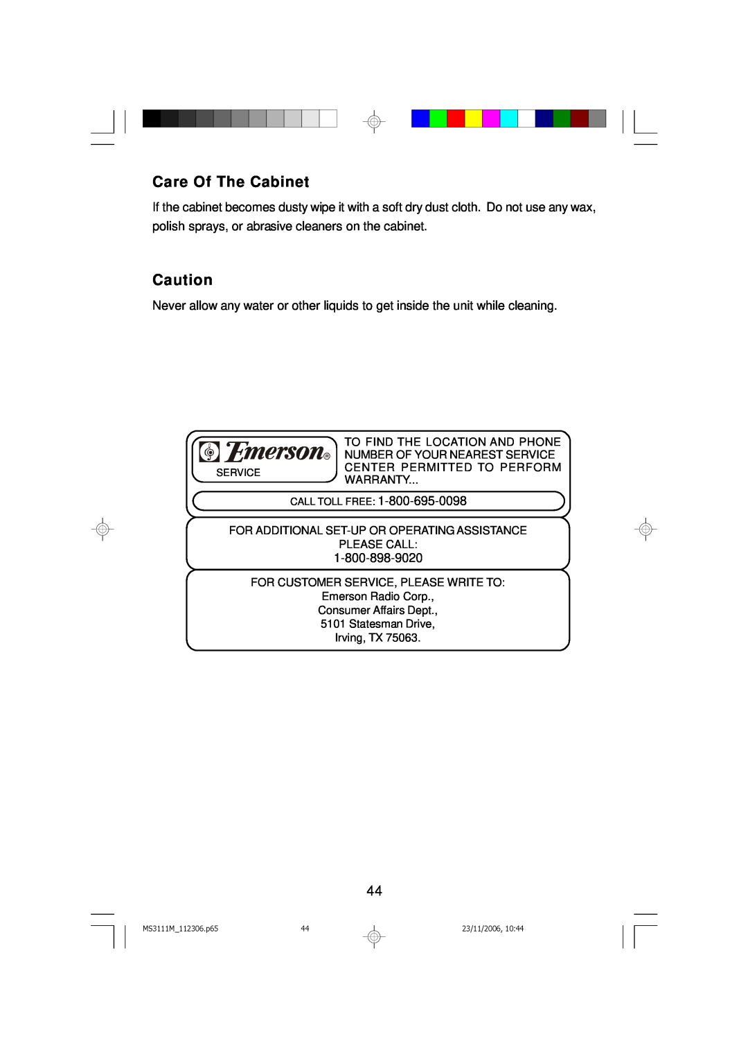 Emerson MS3111M owner manual Care Of The Cabinet 