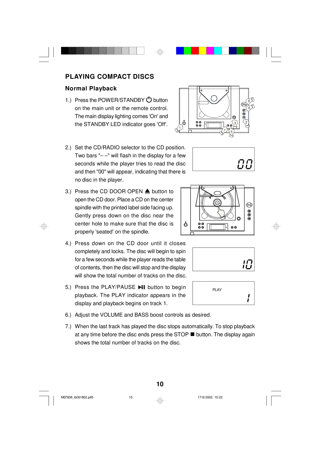 Emerson MS7608 owner manual Playing Compact Discs, Normal Playback 