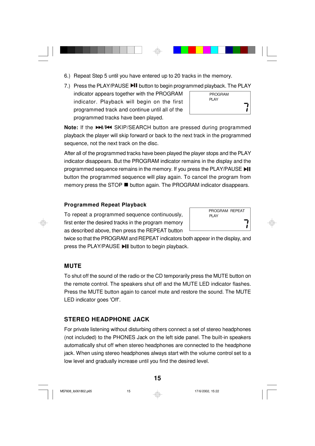 Emerson MS7608 owner manual Mute, Stereo Headphone Jack 