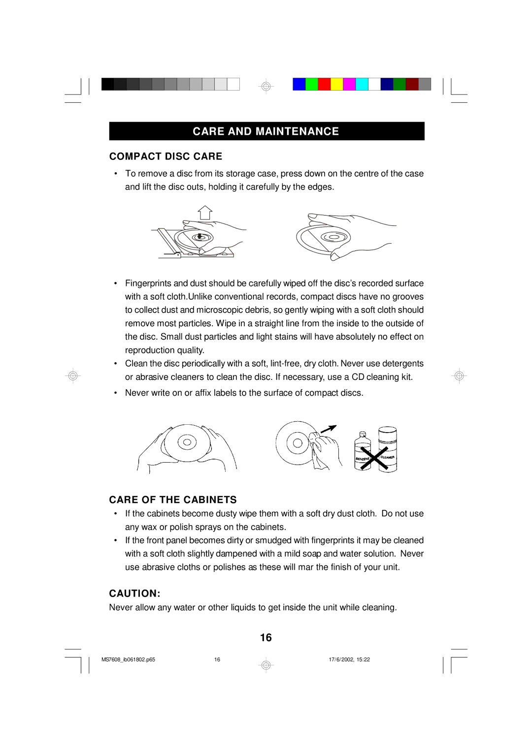 Emerson MS7608 owner manual Care and Maintenance, Compact Disc Care, Care of the Cabinets 