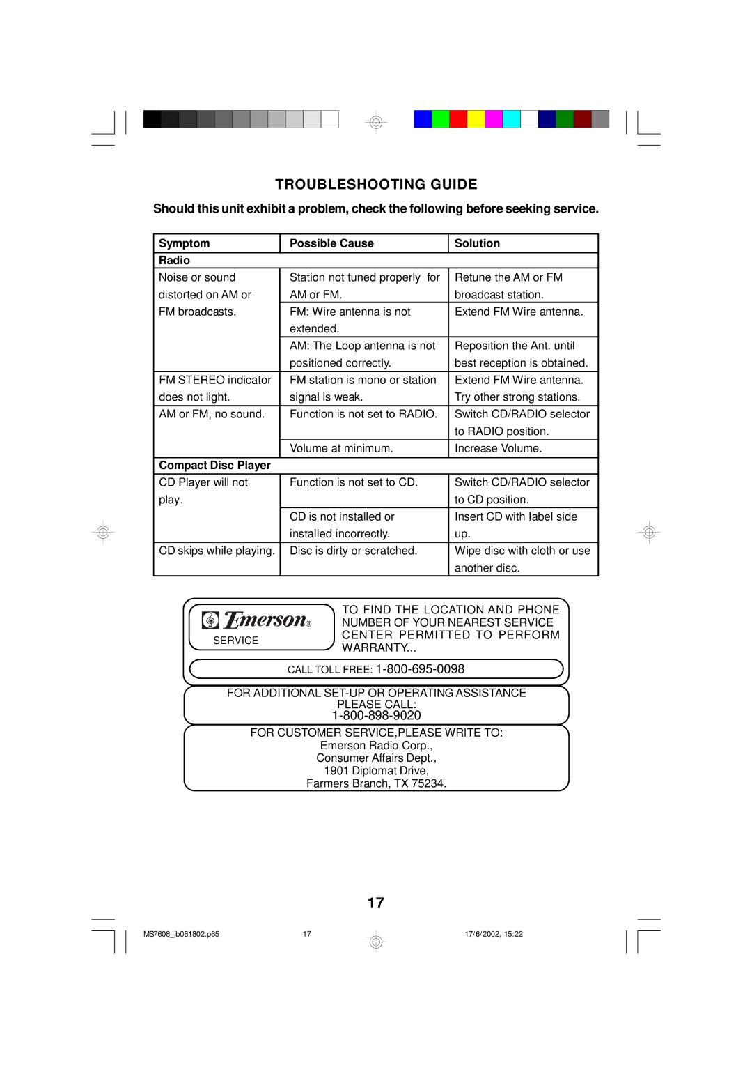 Emerson MS7608 owner manual Troubleshooting Guide, Symptom Possible Cause Solution Radio 