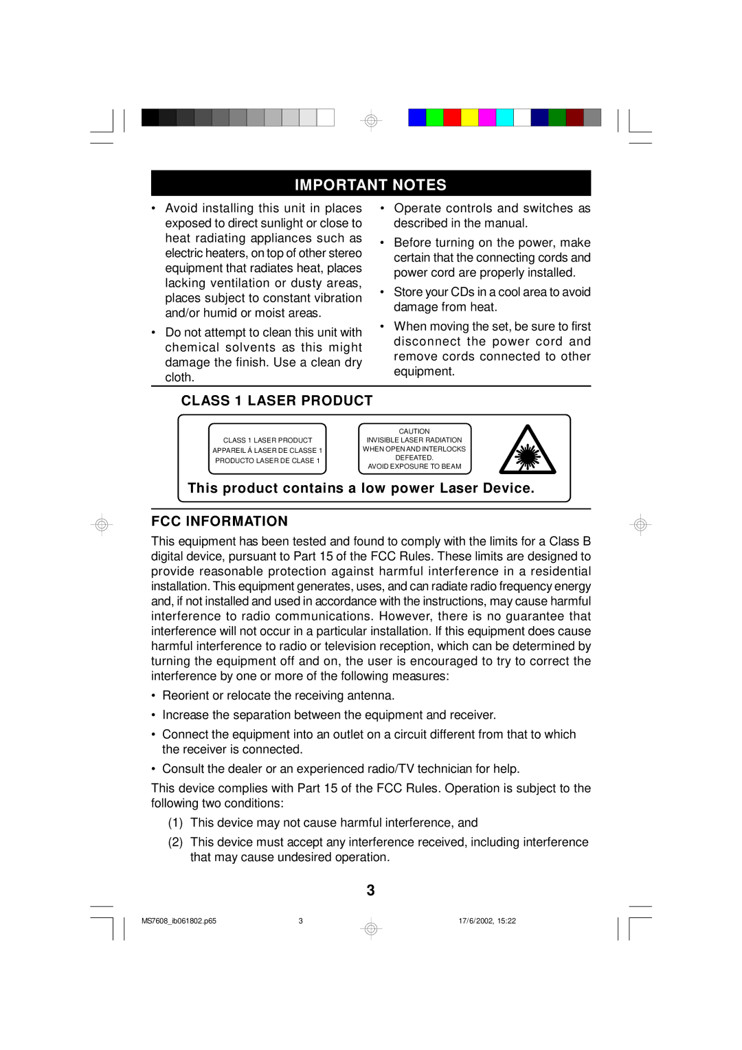 Emerson MS7608 Important Notes, Class 1 Laser Product, This product contains a low power Laser Device, FCC Information 