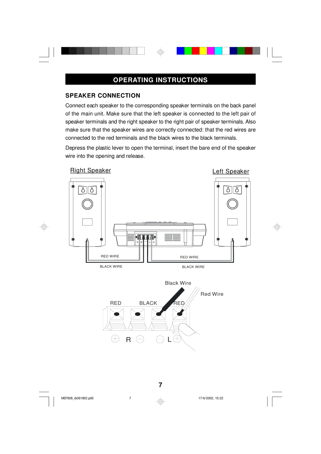 Emerson MS7608 owner manual Operating Instructions, Speaker Connection 