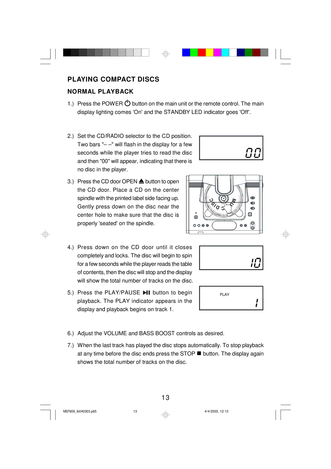 Emerson MS7609 owner manual Playing Compact Discs, Normal Playback 