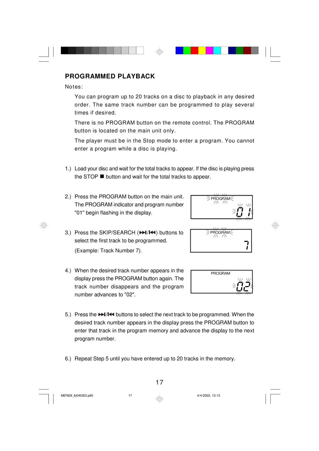 Emerson MS7609 owner manual Programmed Playback 