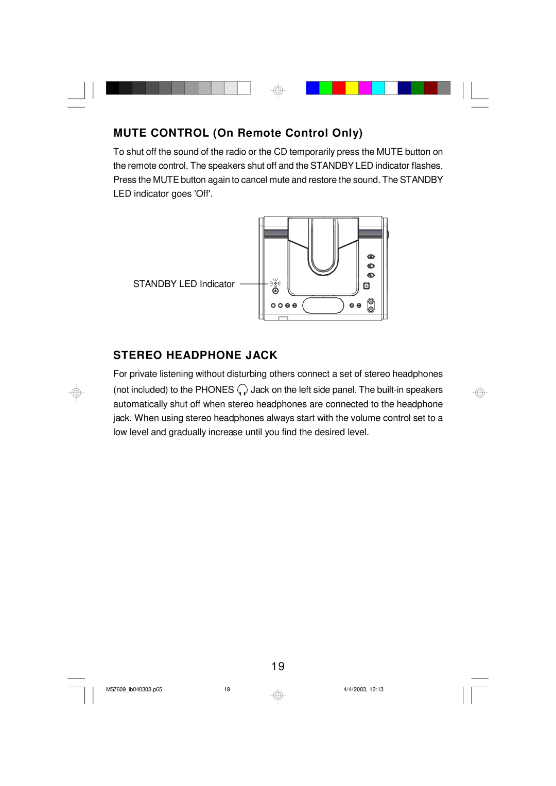 Emerson MS7609 owner manual Mute Control On Remote Control Only, Stereo Headphone Jack 