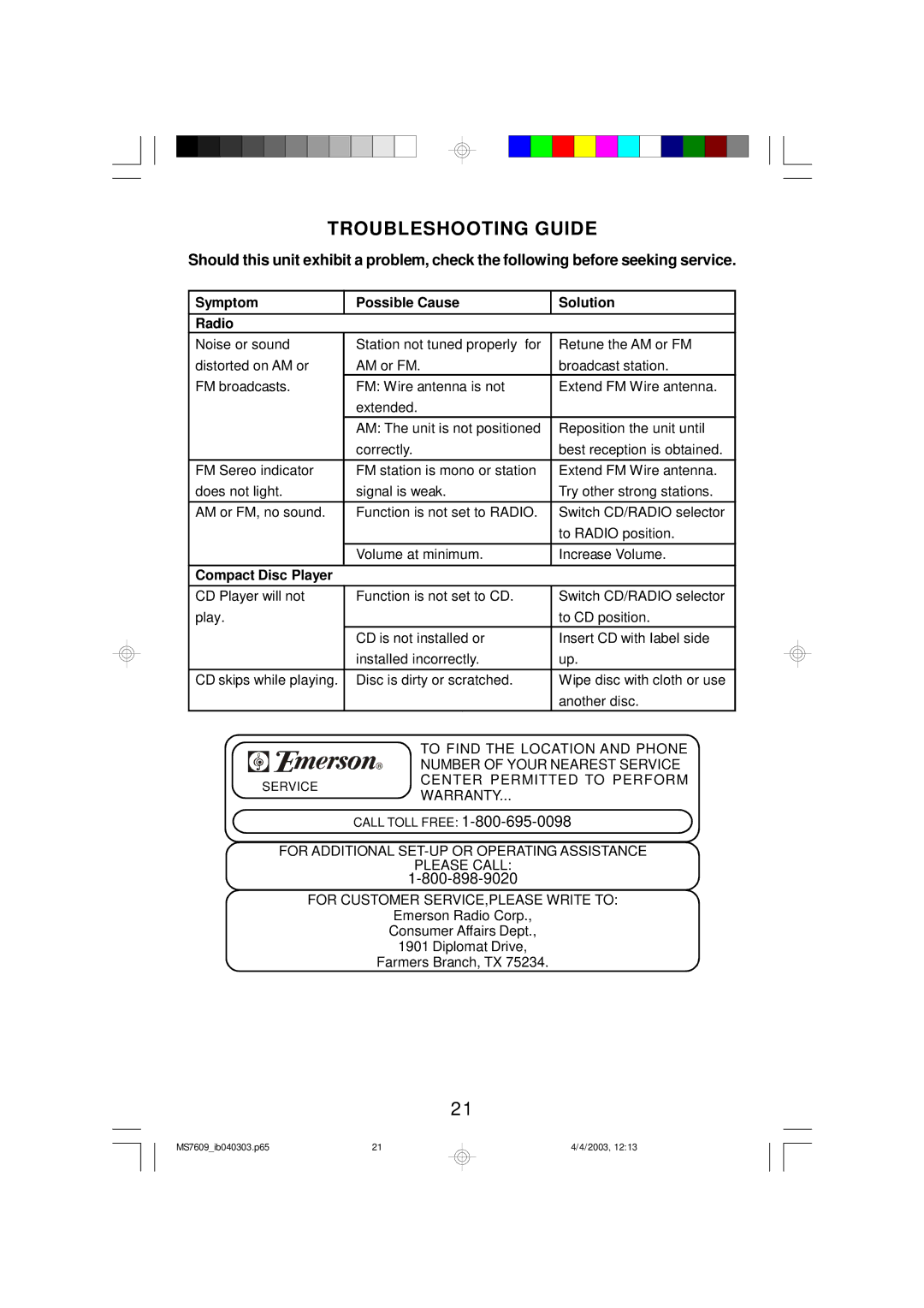 Emerson MS7609 owner manual Troubleshooting Guide, Symptom Possible Cause Radio 