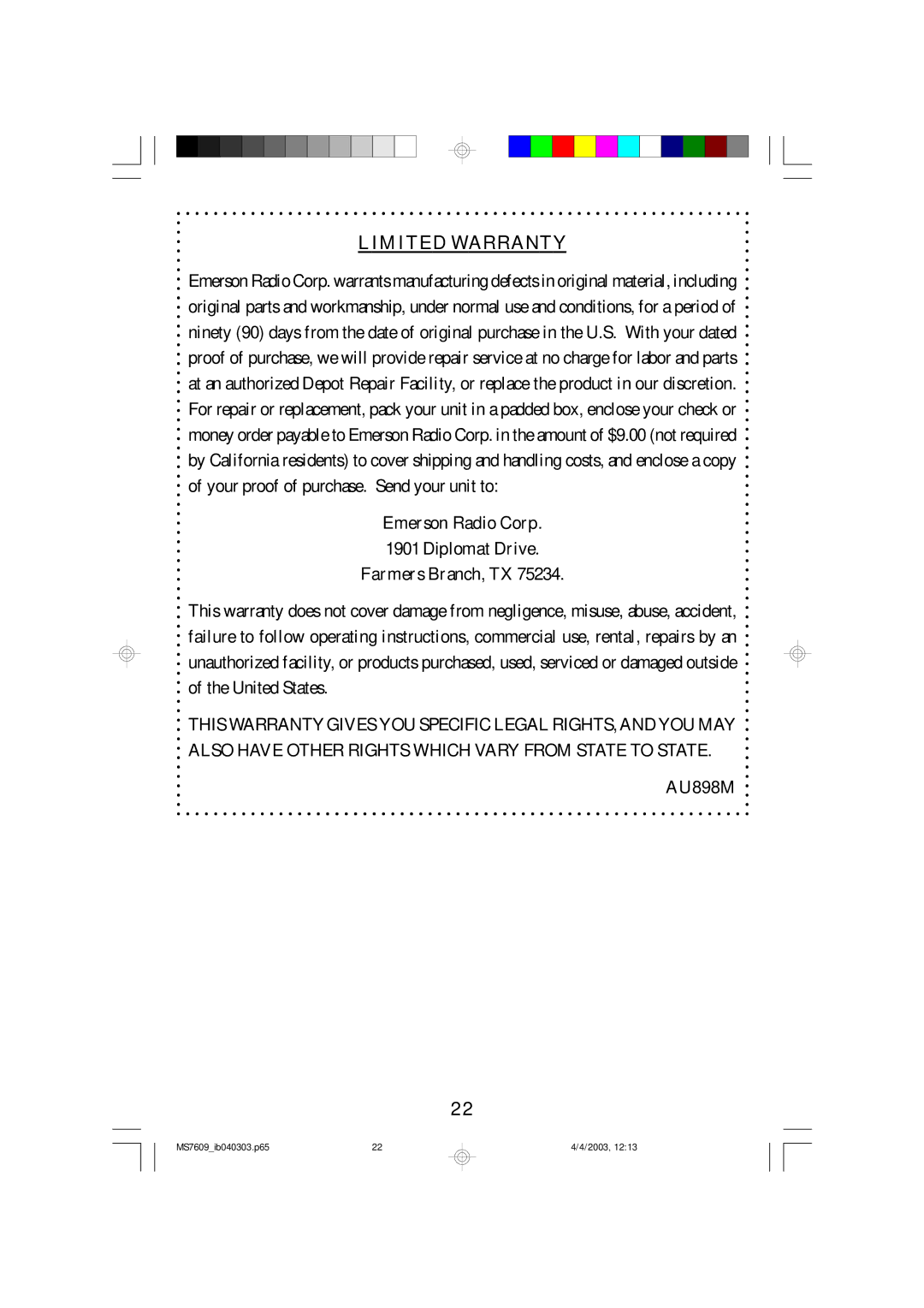 Emerson MS7609 owner manual Limited Warranty 