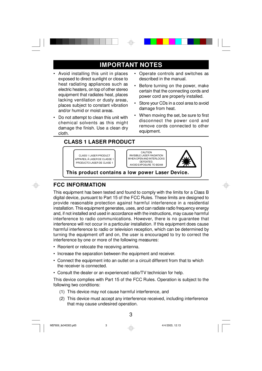 Emerson MS7609 owner manual Important Notes, Class 1 Laser Product, FCC Information 