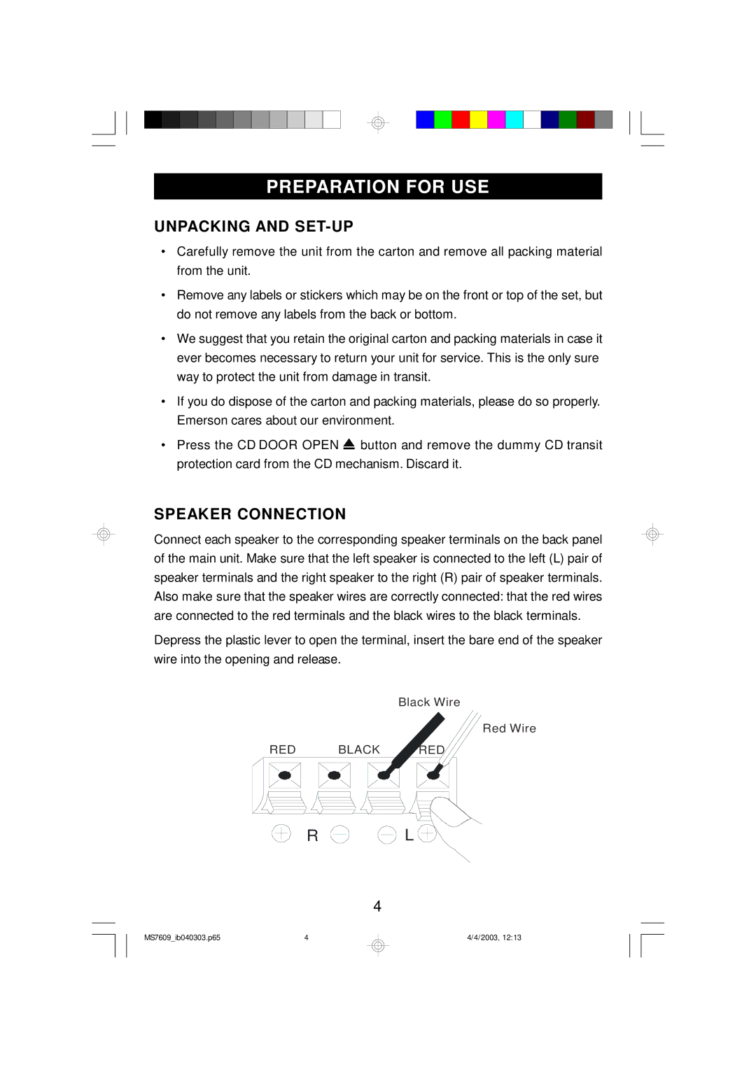 Emerson MS7609 owner manual Preparation for USE, Unpacking and SET-UP, Speaker Connection 