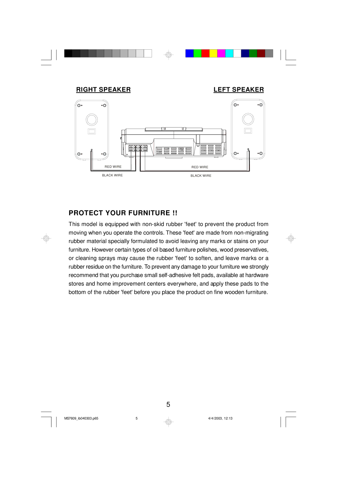 Emerson MS7609 owner manual Protect Your Furniture, Right Speaker Left Speaker 