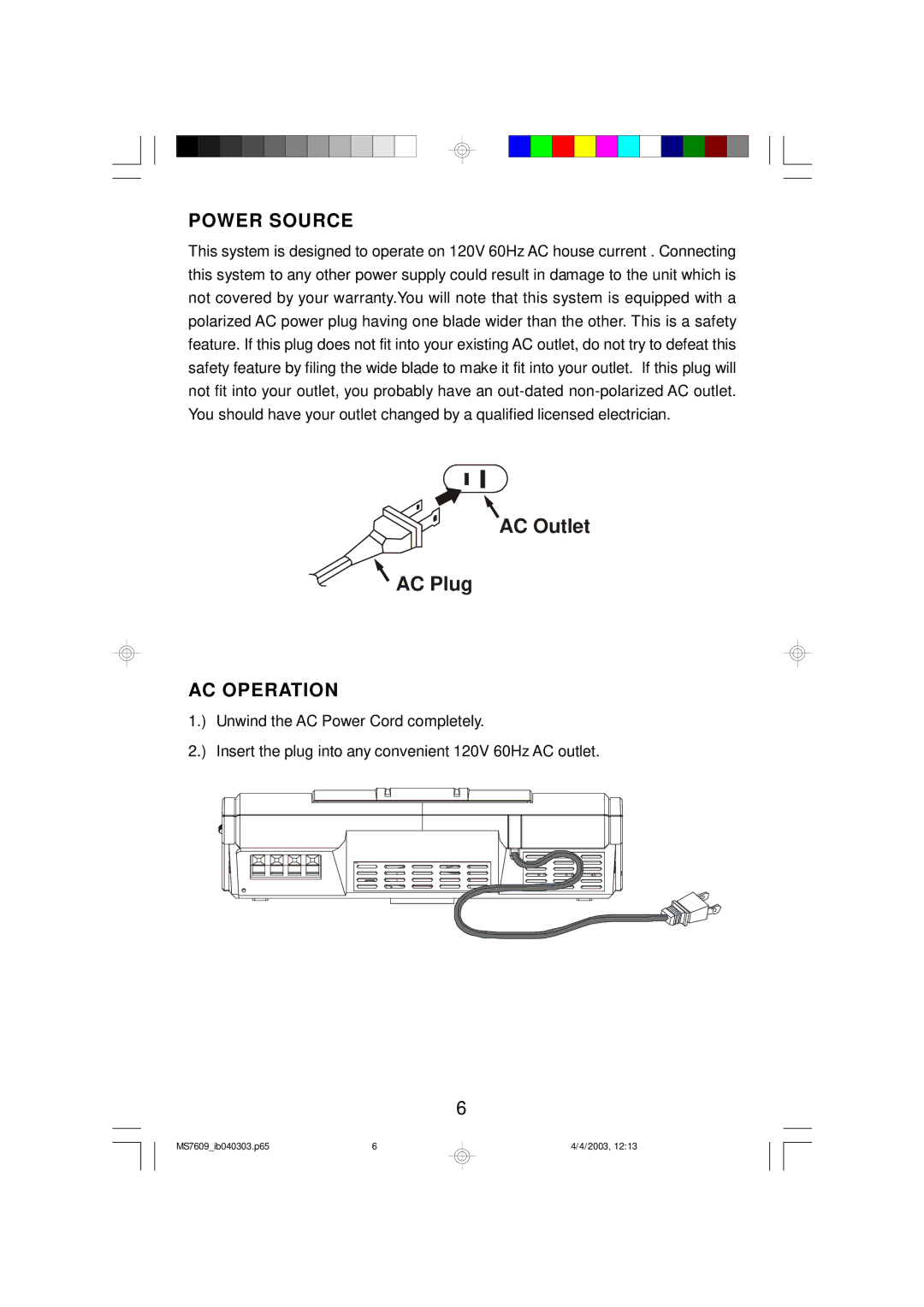 Emerson MS7609 owner manual Power Source, AC Operation 