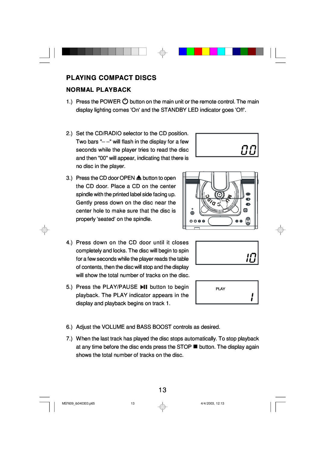 Emerson MS7609 owner manual Playing Compact Discs, Normal Playback 