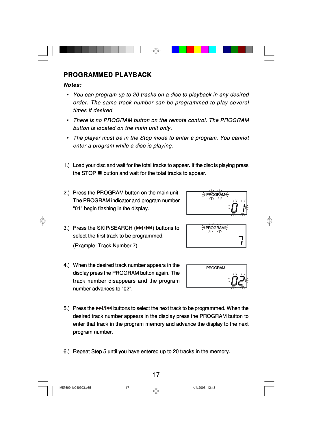 Emerson MS7609 owner manual Programmed Playback 