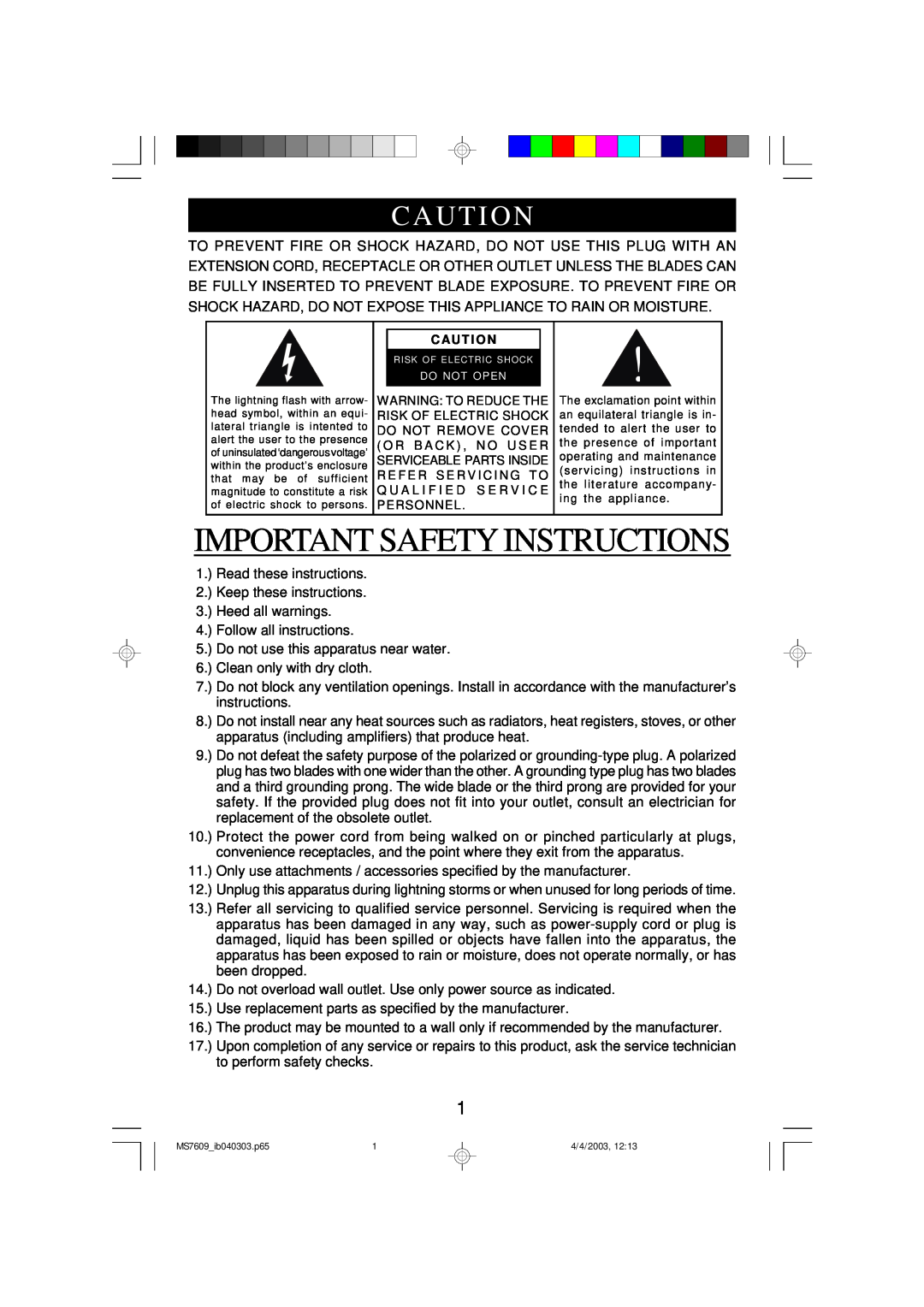 Emerson MS7609 owner manual Important Safety Instructions, Caut I On 