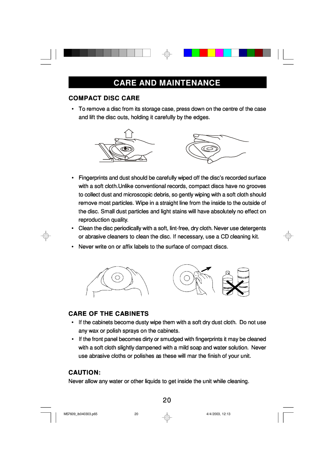 Emerson MS7609 owner manual Care And Maintenance, Compact Disc Care, Care Of The Cabinets 