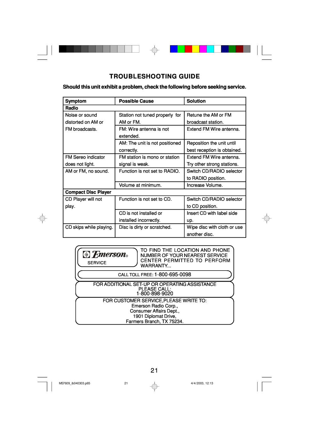 Emerson MS7609 owner manual Troubleshooting Guide, Symptom, Possible Cause, Radio, Compact Disc Player, Solution 