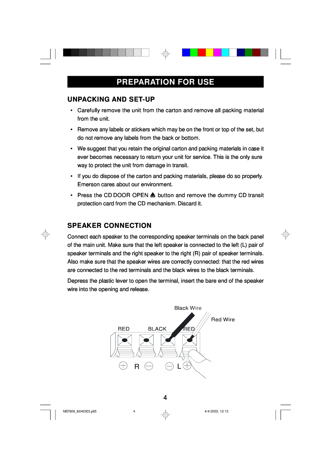 Emerson MS7609 owner manual Preparation For Use, Unpacking And Set-Up, Speaker Connection 