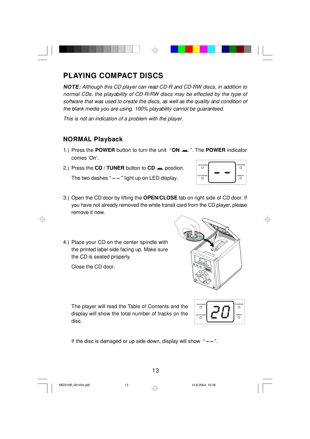 Emerson MS7616R owner manual Playing Compact Discs, Normal Playback 