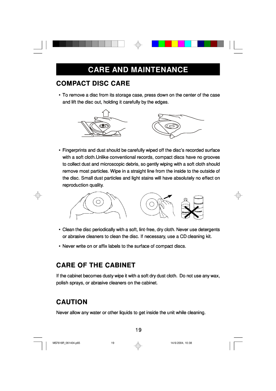 Emerson MS7616R owner manual Care And Maintenance, Compact Disc Care, Care Of The Cabinet 