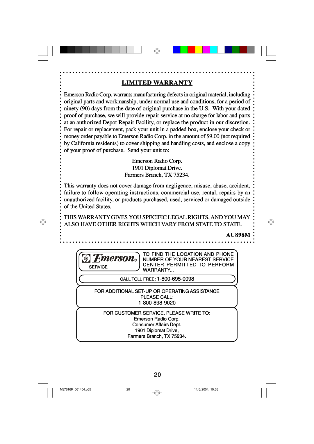 Emerson MS7616R owner manual Limited Warranty, AU898M 