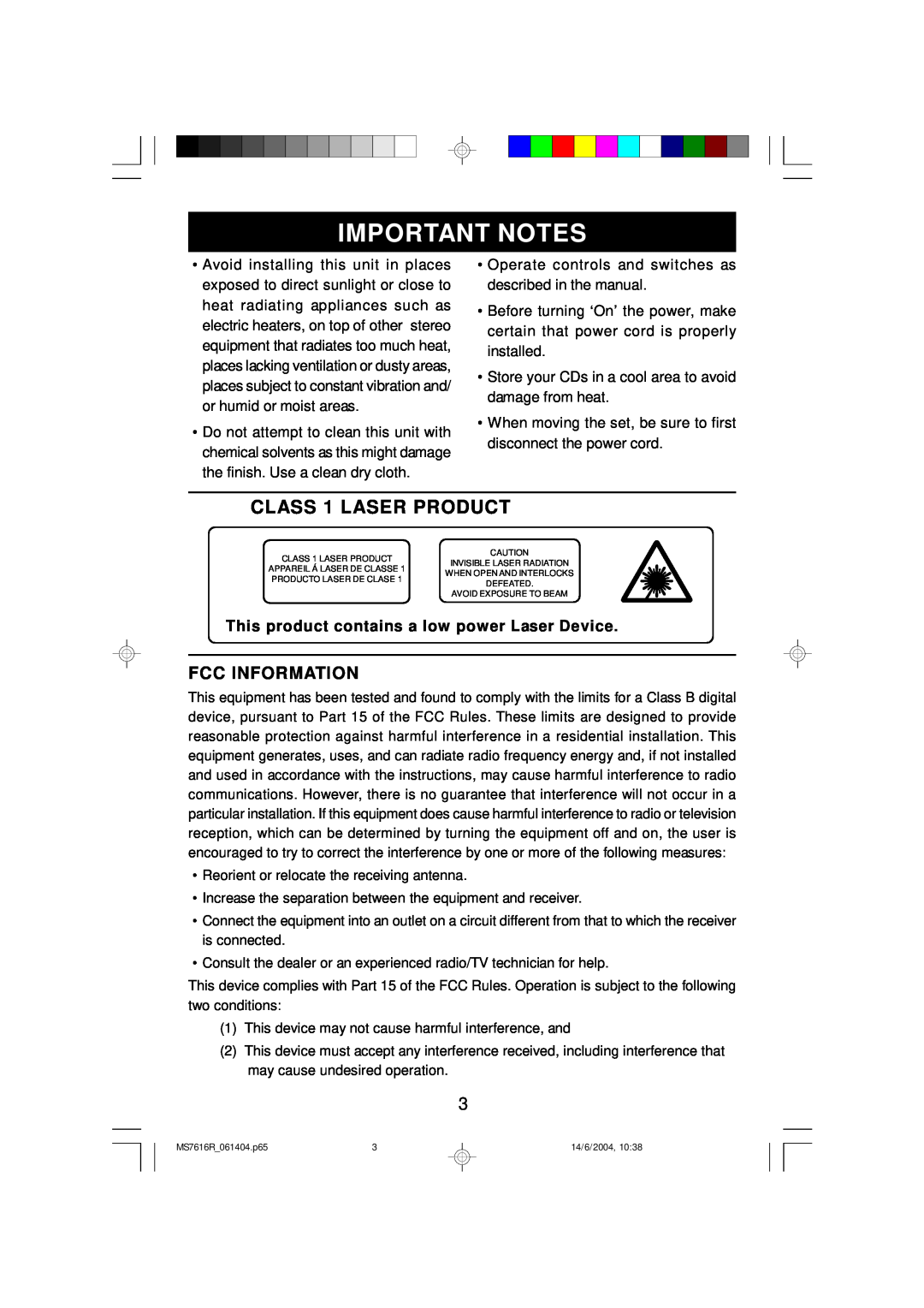 Emerson MS7616R owner manual Important Notes, CLASS 1 LASER PRODUCT, This product contains a low power Laser Device 