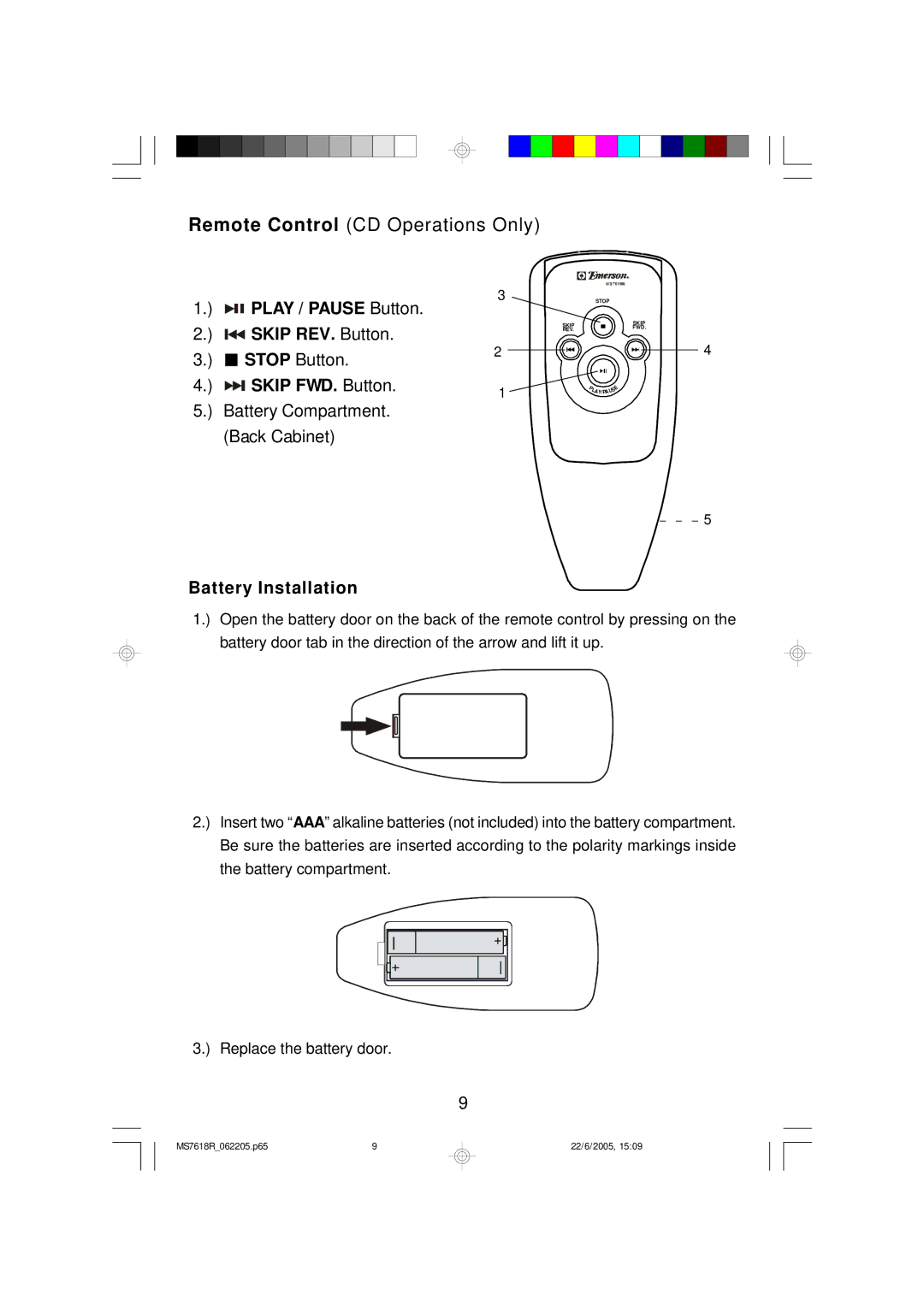 Emerson MS7618R owner manual Play / Pause Button, Battery Installation 