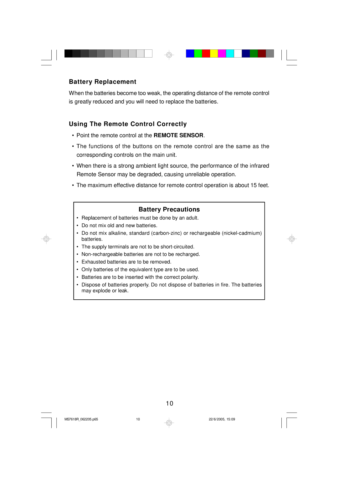 Emerson MS7618R owner manual Battery Replacement, Using The Remote Control Correctly, Battery Precautions 