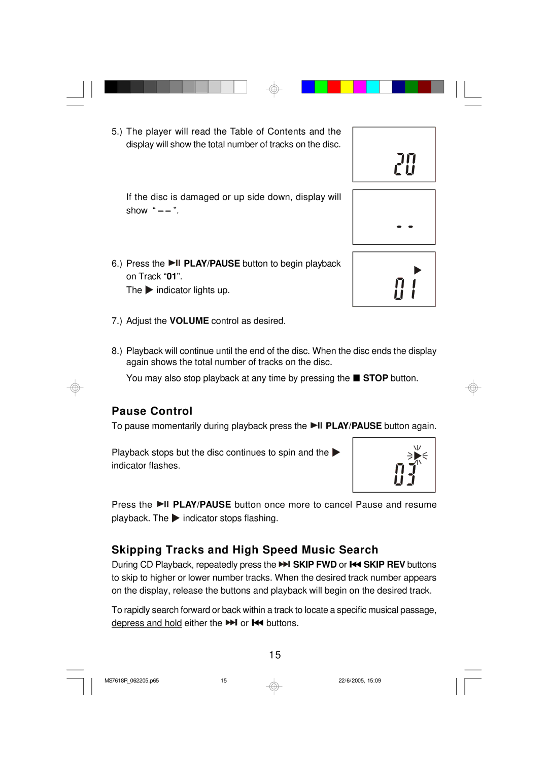 Emerson MS7618R owner manual Pause Control, Skipping Tracks and High Speed Music Search 