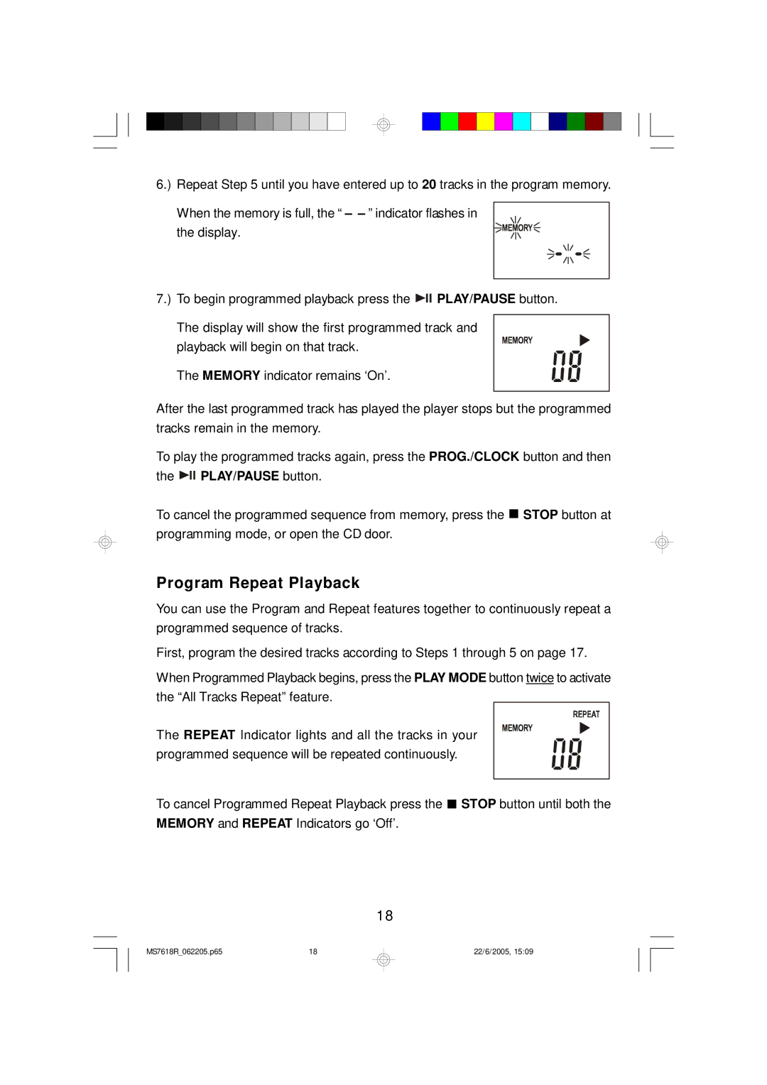 Emerson MS7618R owner manual Program Repeat Playback, PLAY/PAUSE button 