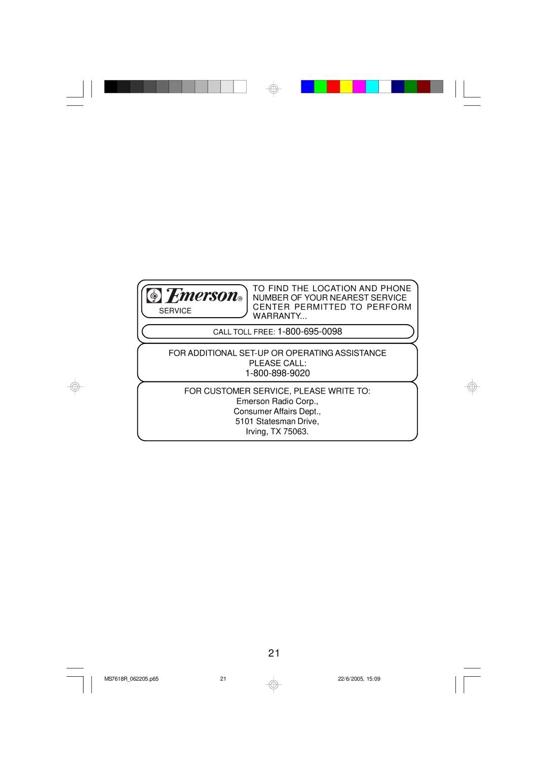 Emerson MS7618R owner manual Call Toll Free 