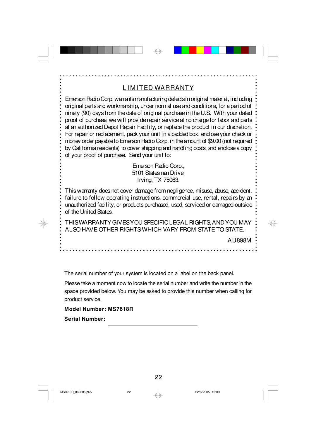 Emerson MS7618R owner manual Limited Warranty 