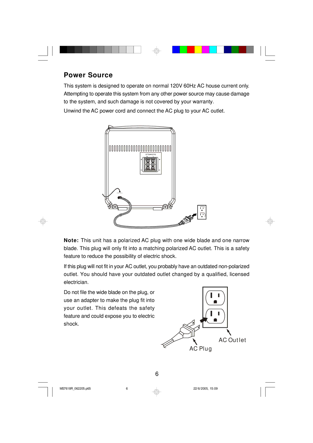 Emerson MS7618R owner manual Power Source 