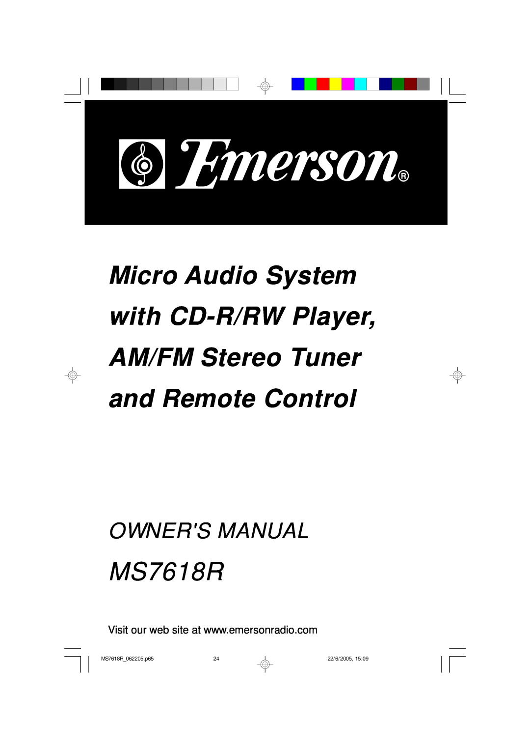 Emerson MS7618R owner manual Micro Audio System with CD-R/RWPlayer, AM/FM Stereo Tuner and Remote Control, 22/6/2005 