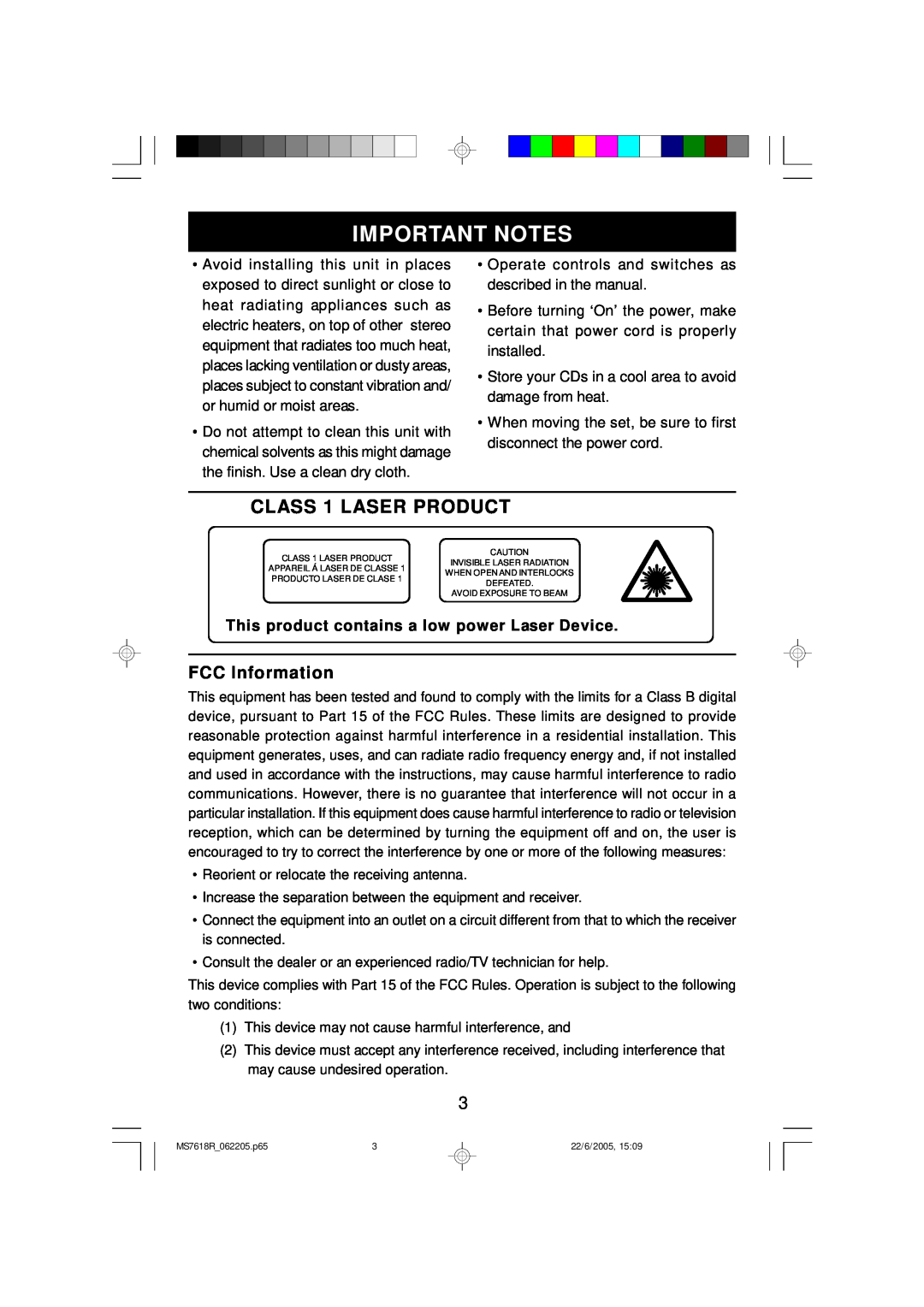 Emerson MS7618R owner manual Important Notes, CLASS 1 LASER PRODUCT, FCC Information 