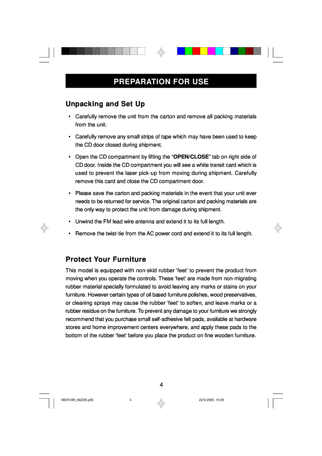 Emerson MS7618R owner manual Preparation For Use, Unpacking and Set Up, Protect Your Furniture 