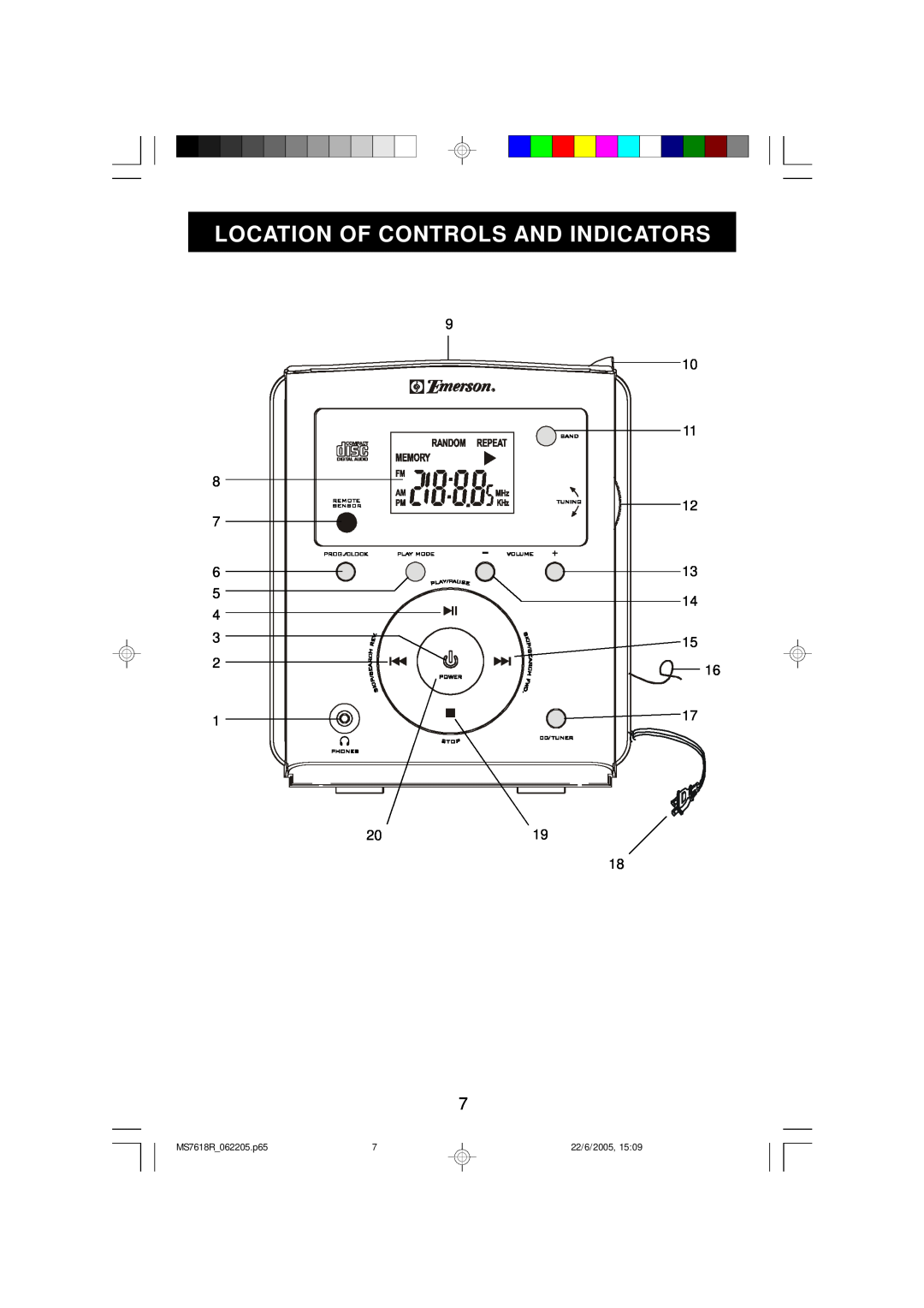 Emerson owner manual Location Of Controls And Indicators, MS7618R 062205.p65, 22/6/2005 