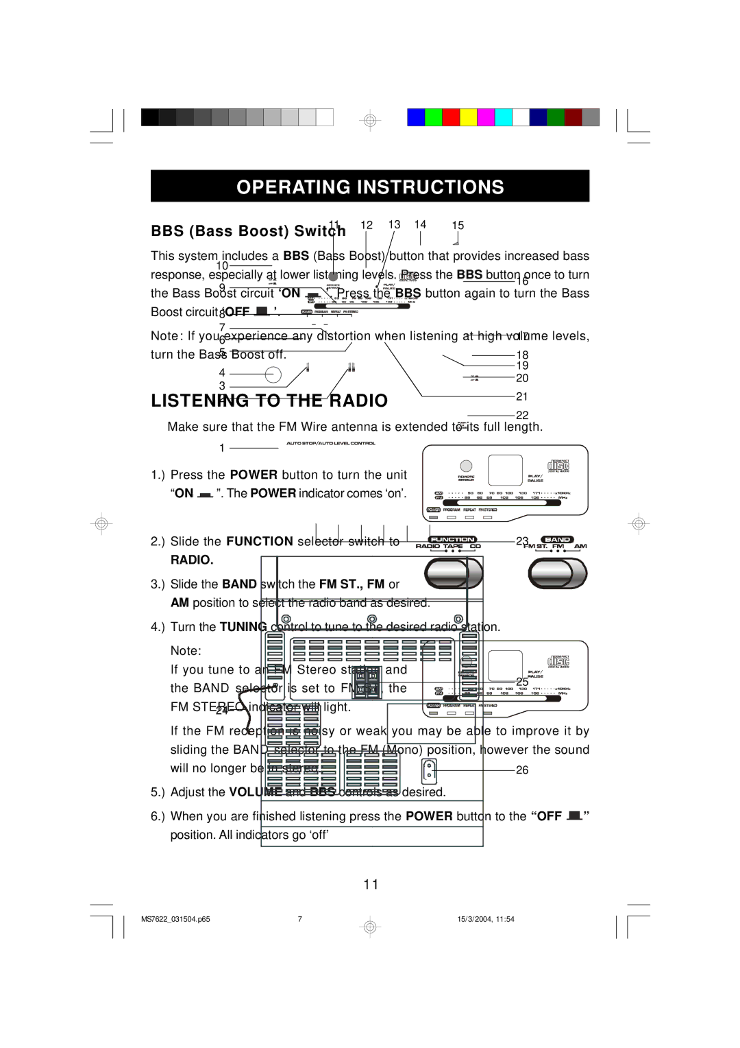 Emerson MS7622 owner manual Listening to the Radio, BBS Bass Boost Switch 