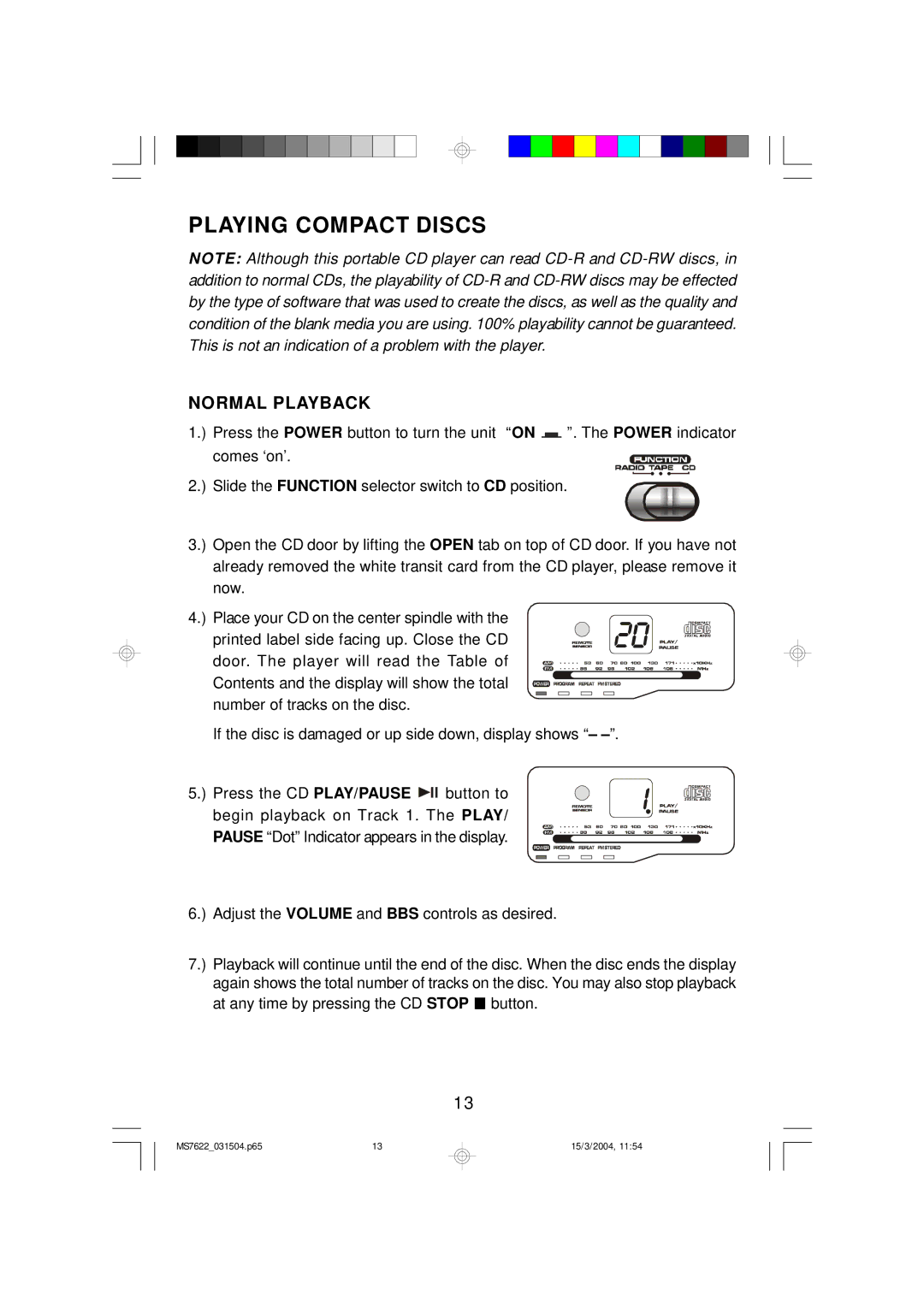 Emerson MS7622 owner manual Playing Compact Discs, Normal Playback 