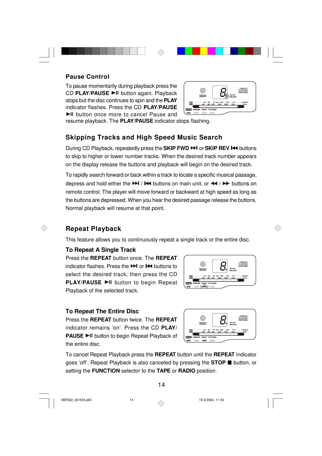 Emerson MS7622 owner manual Skipping Tracks and High Speed Music Search, Repeat Playback 