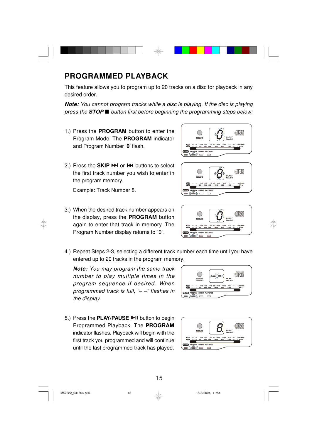 Emerson MS7622 owner manual Programmed Playback 